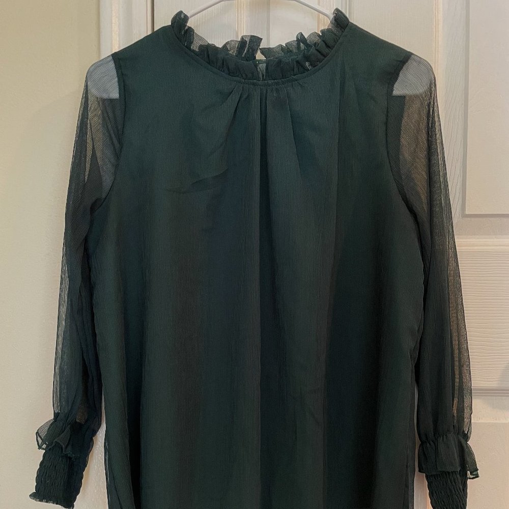 Forest Green Accordion Blouse - Sheer Sleeve - Ruffle Accents